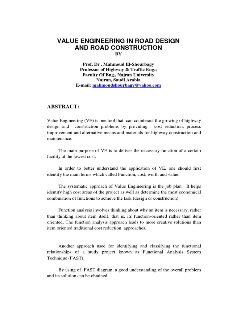 Value Engineering in Road Design | PDF
