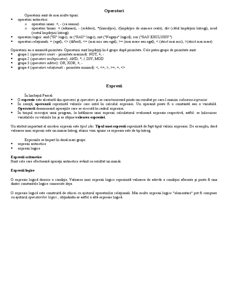Operatori Si Expresii Pascal/c++ | PDF