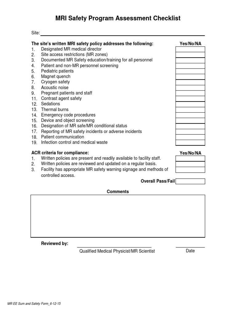 MR Safety Program Assessment Form American College of Radiology