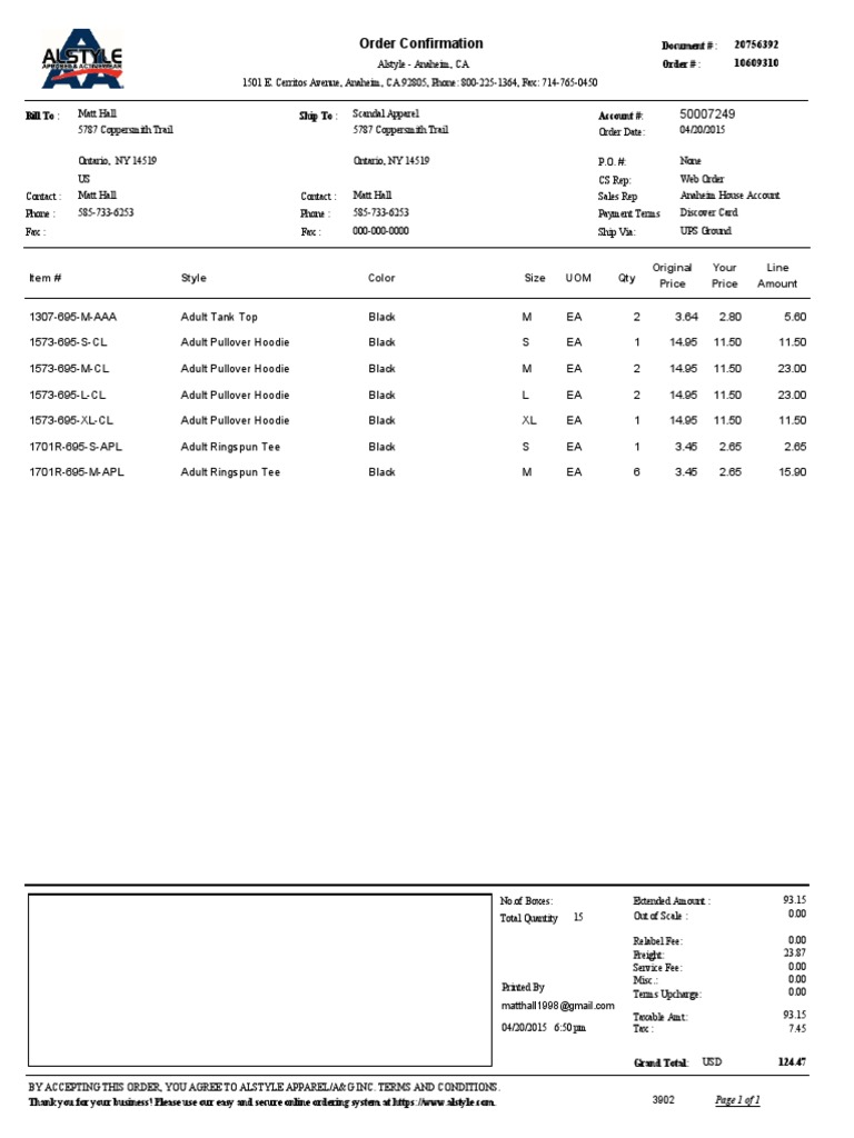 Order Confirmation: Apparel Purchase | PDF