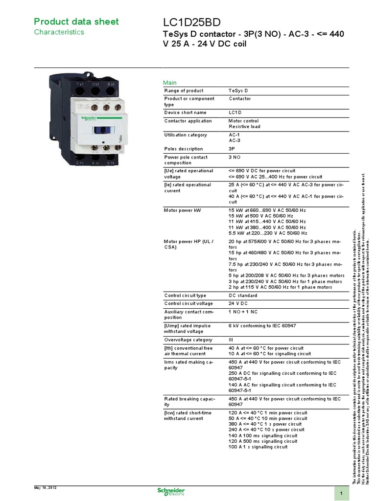 Schneider Electric LC1D25BD Datasheet PDF Alternating Current