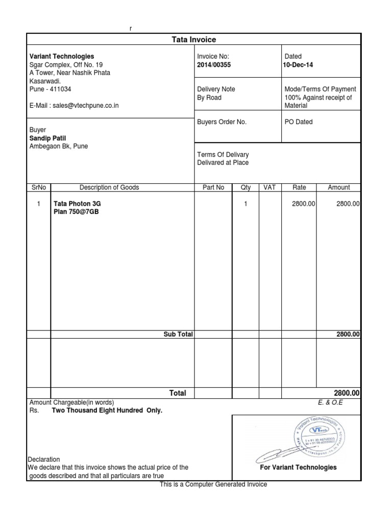 Tata Photon Invoice Details | PDF | Business