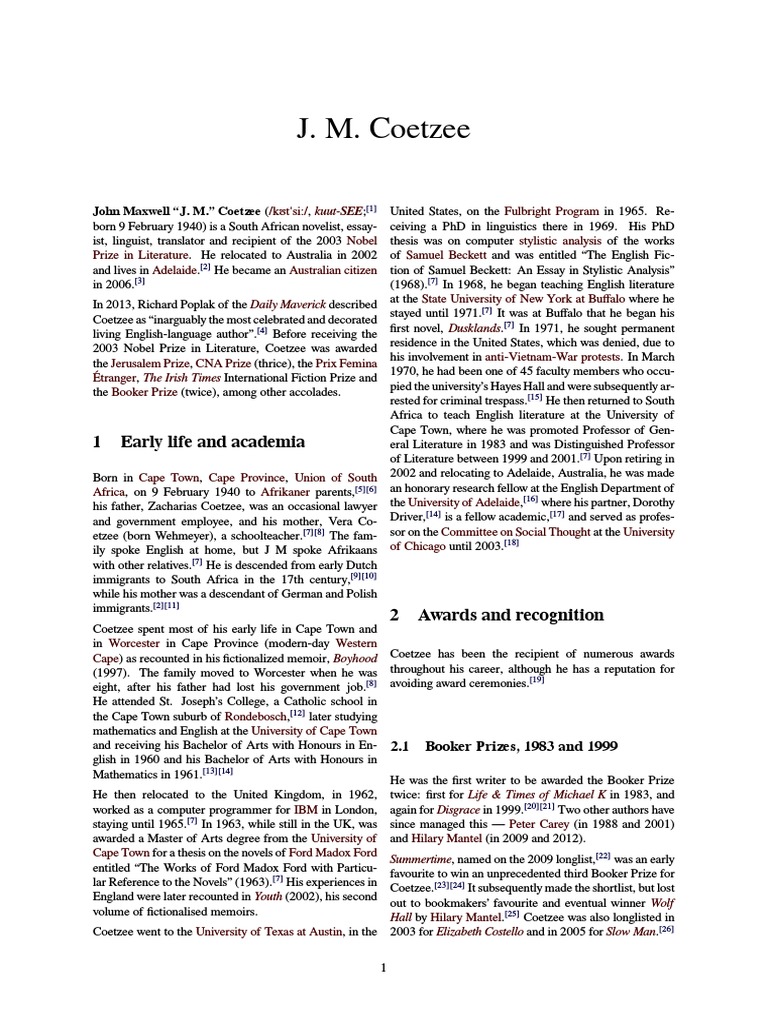 J. M. Coetzee: Nobel Laureate Biography | PDF | History