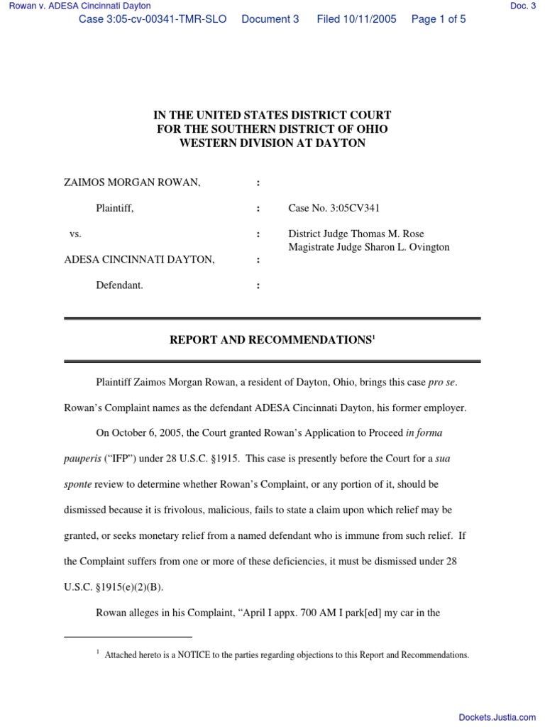 Rowan v. ADESA Cincinnati Dayton Document No. 3 Download Free PDF
