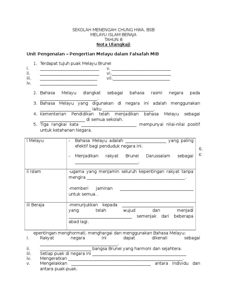 Nota MIB Tahun 8: Melayu Islam Beraja | PDF
