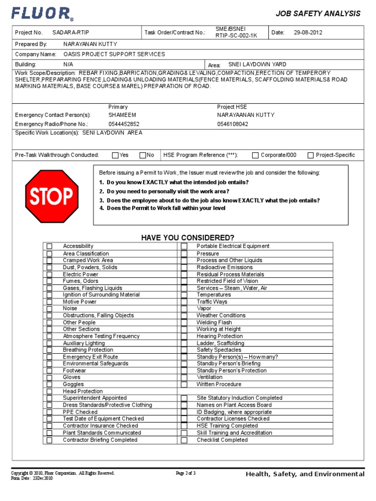 Job Safety Analysis For Rebar Fixing | PDF | Personal Protective ...