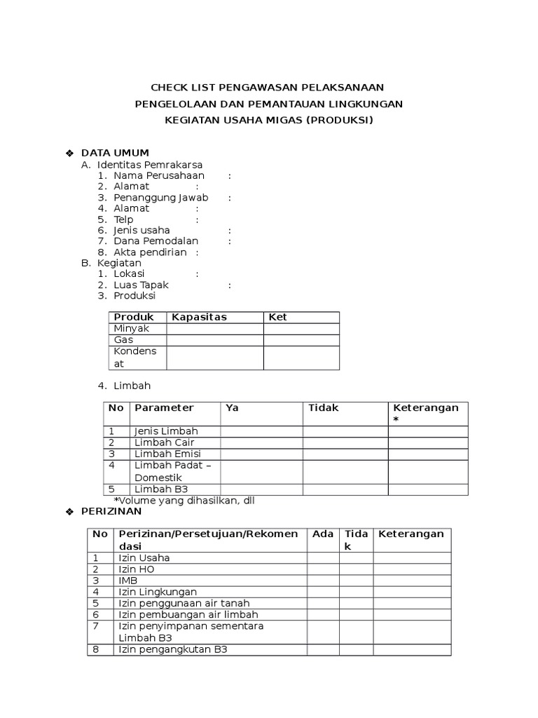 Checklist Pengawasan Lingkungan Migas | PDF
