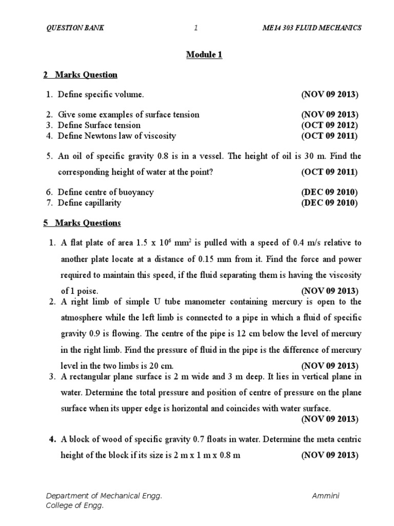 Fluid Mechanics Question Bank PDF | PDF | Pressure Measurement | Pressure