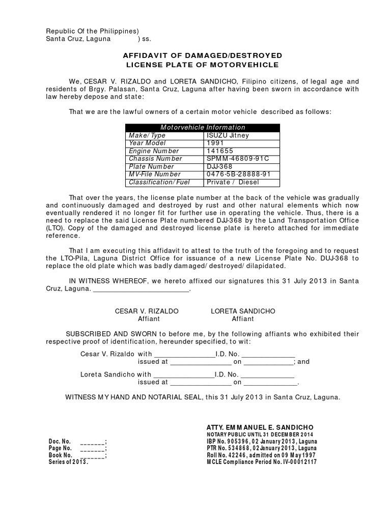 Affidavit of Plate Damage-Destruction | PDF