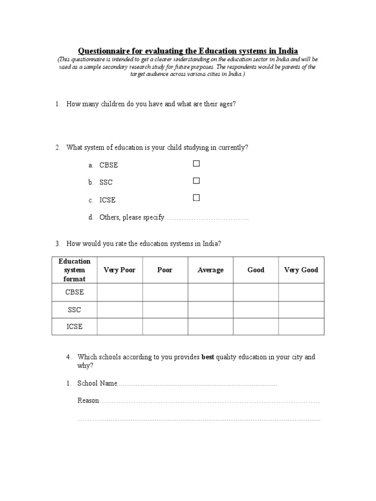 Evaluating India's Education System Questionnaire | PDF