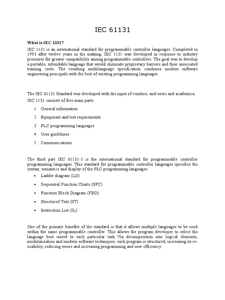 Iec 1131 PDF Programmable Logic Controller Programming Language