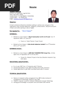 Store Keeper Resume