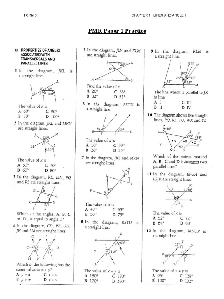 Form 3 Lines and Angles Exercises | PDF