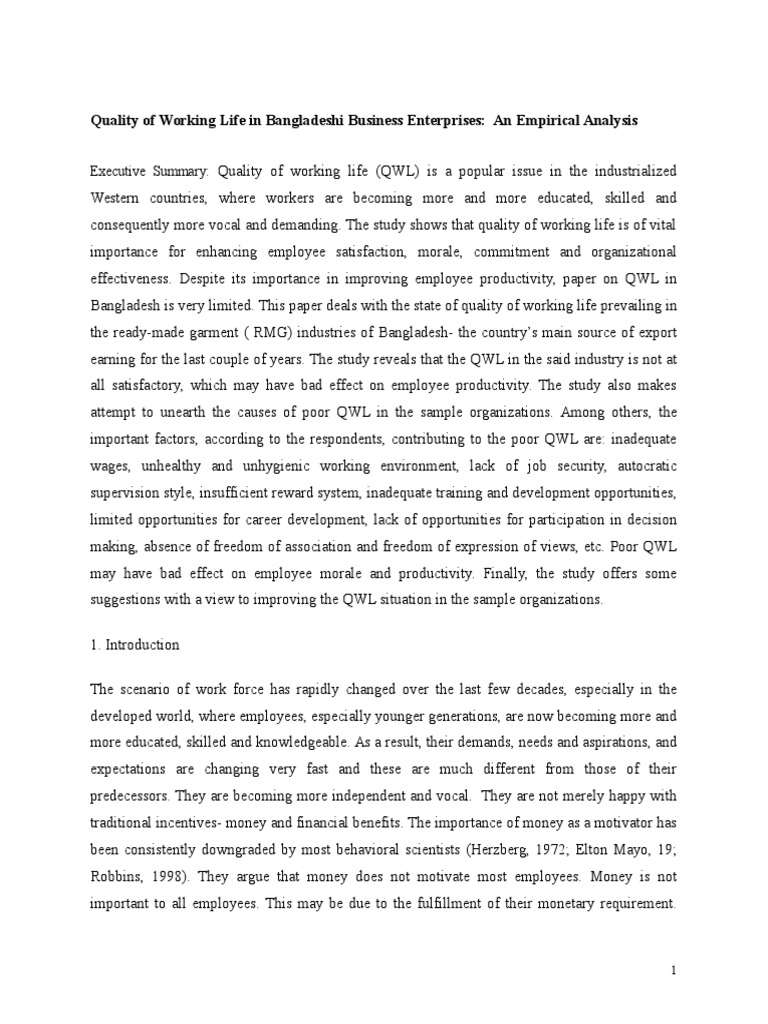 Enhancing Quality of Working Life in Bangladesh | PDF | Employment ...