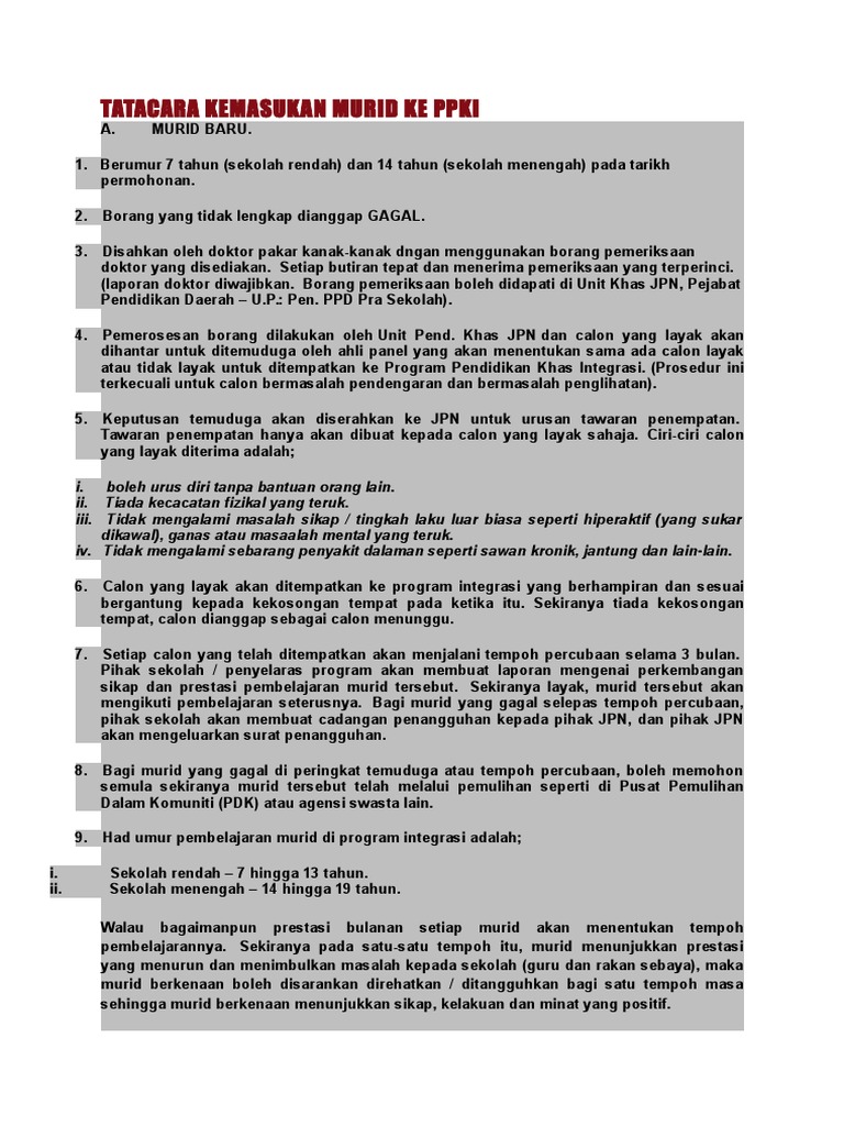 Tatacara Kemasukan Murid Ke Ppki Pdf