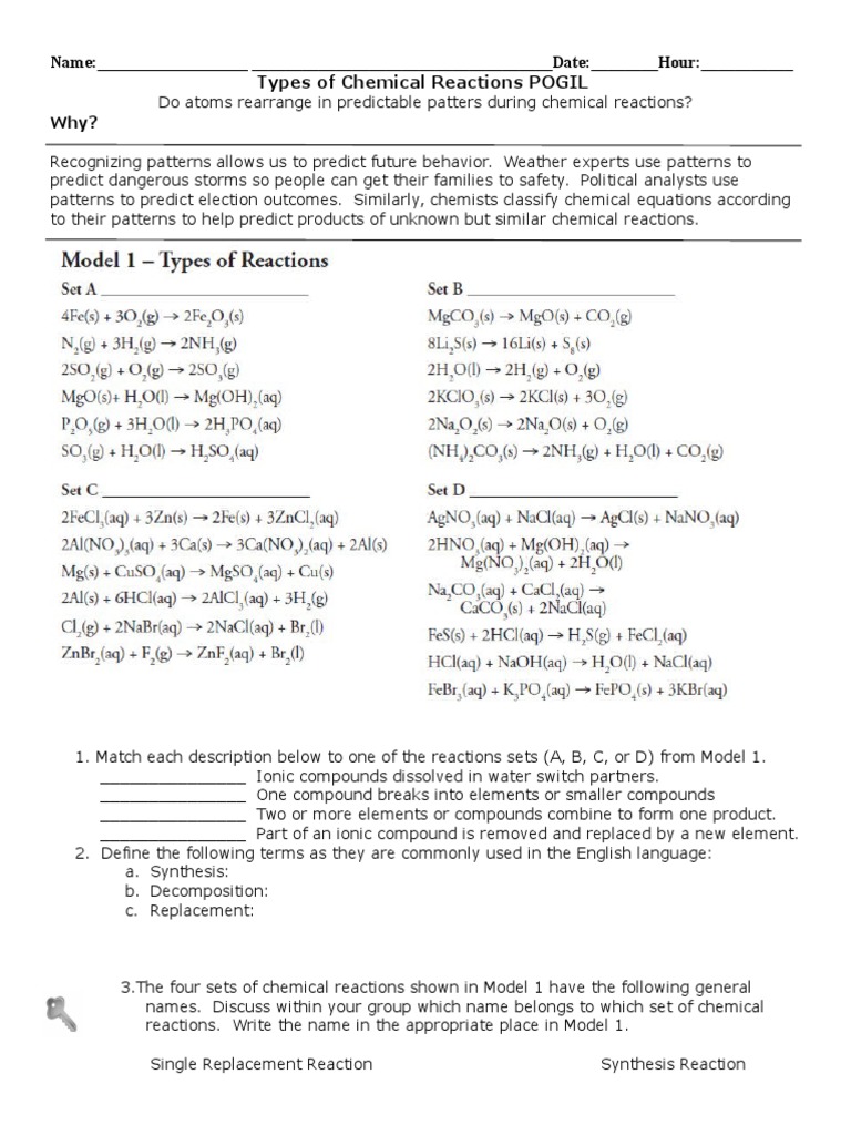 Worksheets Classifying Chemical Reactions Worksheet Answers types of chemical reactions pogil revised compounds