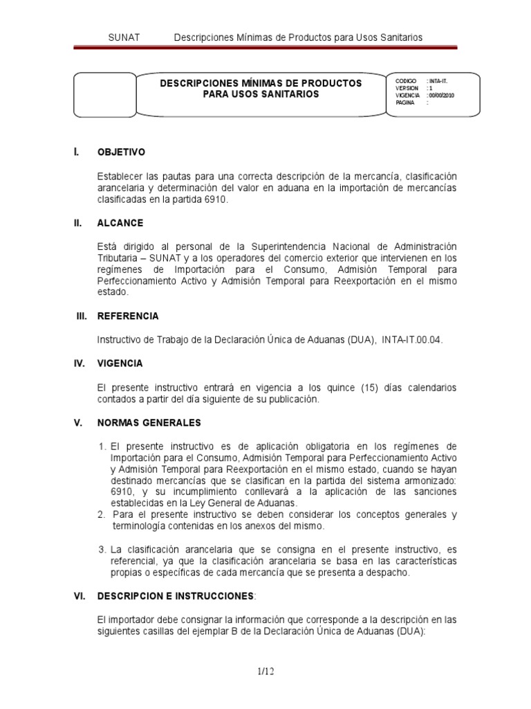 Descripciones Minimas Sanitarios Aduanas | PDF