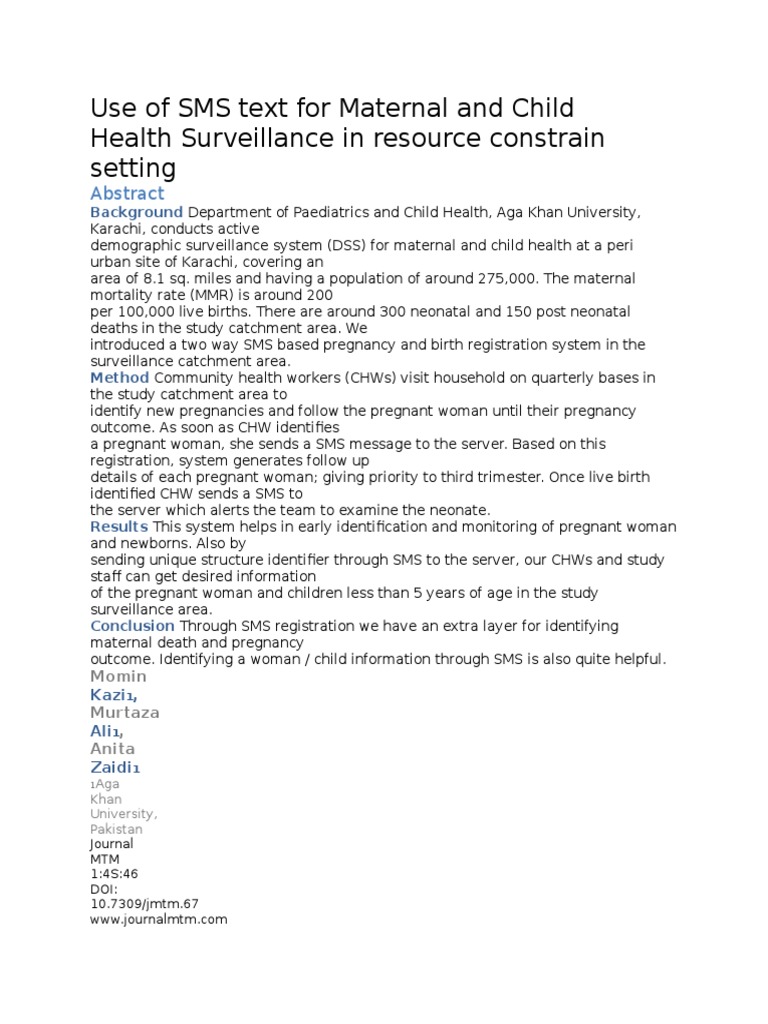 Use of SMS Text For Maternal and Child Health Surveillance in Resource ...