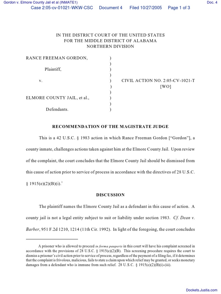 Gordon v. Elmore County Jail Et Al (INMATE1) Document No. 4 PDF