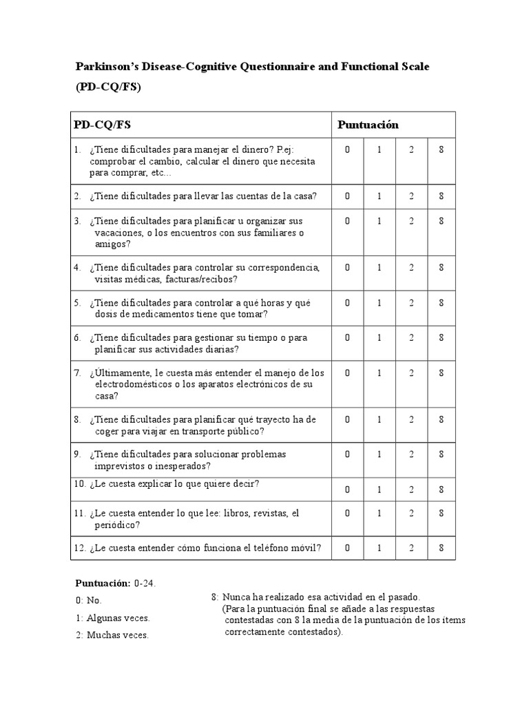 TABLA de PUINTUACION Parkinson - S Disease-Cognitive Questionnaire and ...