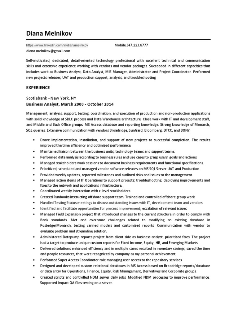 Systems Data Analyst in Manhattan Brooklyn NYC New York Resume Diana