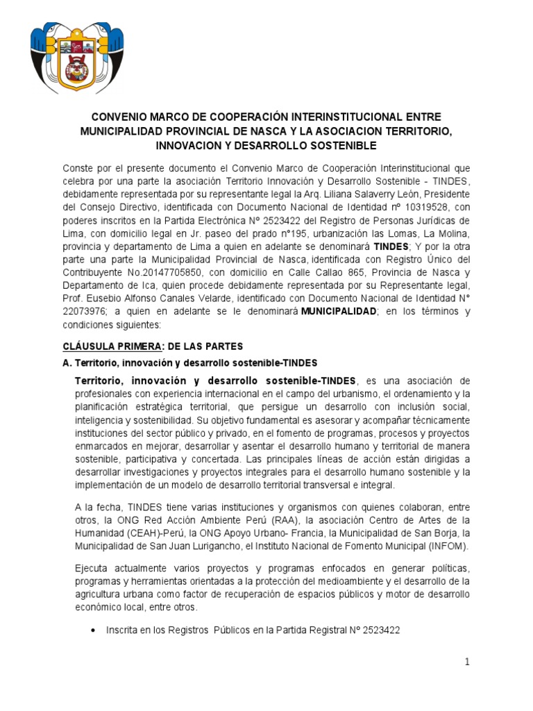Convenio Marco de Cooperación Interinstitucional Entre Tindes y MPN 2015 |  PDF | Desarrollo sostenible | Organización no gubernamental