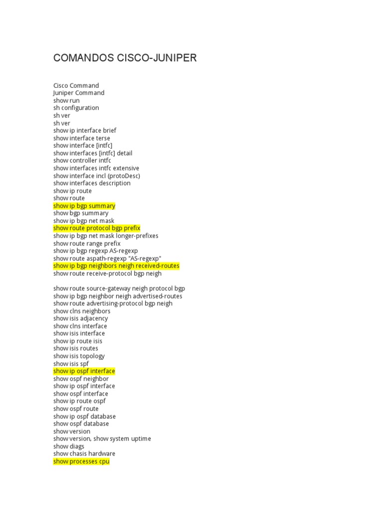 Cisco and Juniper Command Comparison | PDF