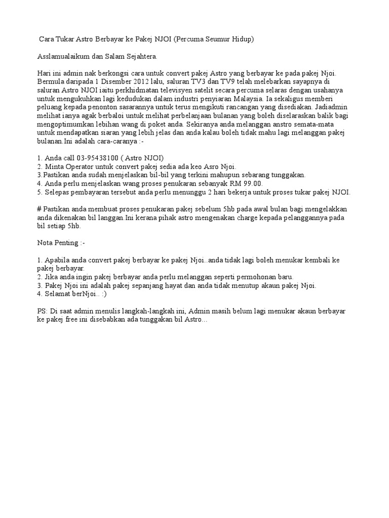 Cara Tukar Astro Berbayar Ke Pakej Njoi Pdf