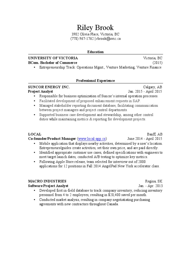 Riley Brook Resume PDF Venture Capital Corporate Finance