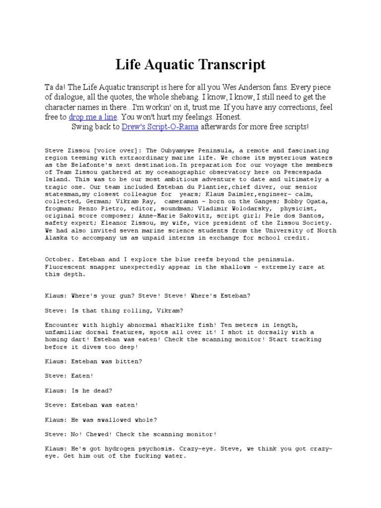 The Life Aquatic Full Transcript | PDF | Nature