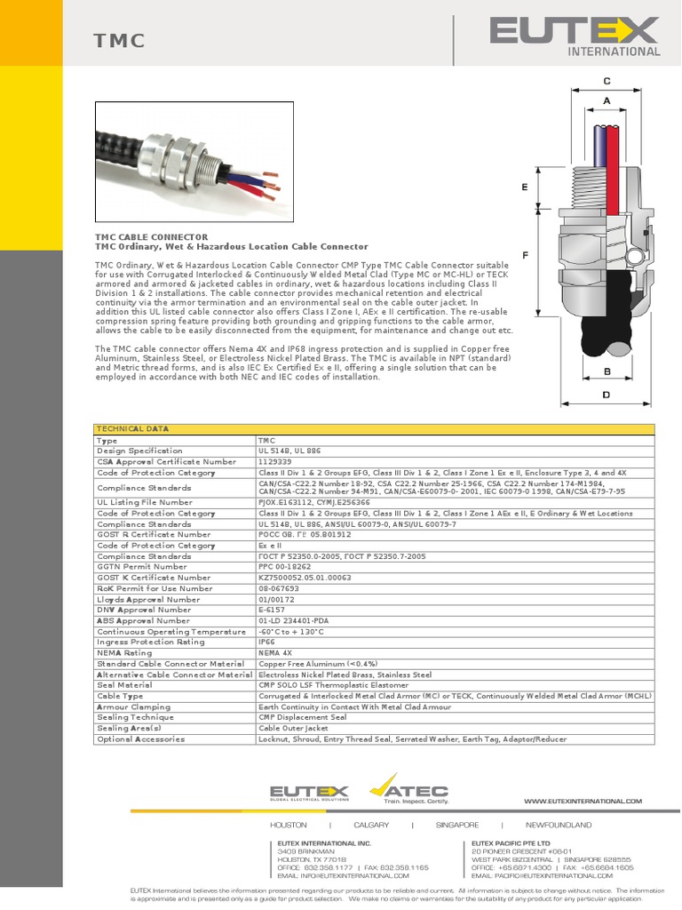 TMC Cable Connector TMC Ordinary, Wet & Hazardous Location Cable