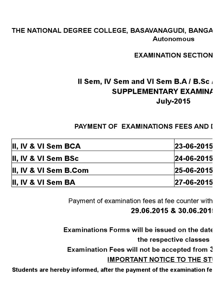 B.A/B.Sc/B.Com/B.C.A Supplementary Exam Fees | PDF | Fee | Government
