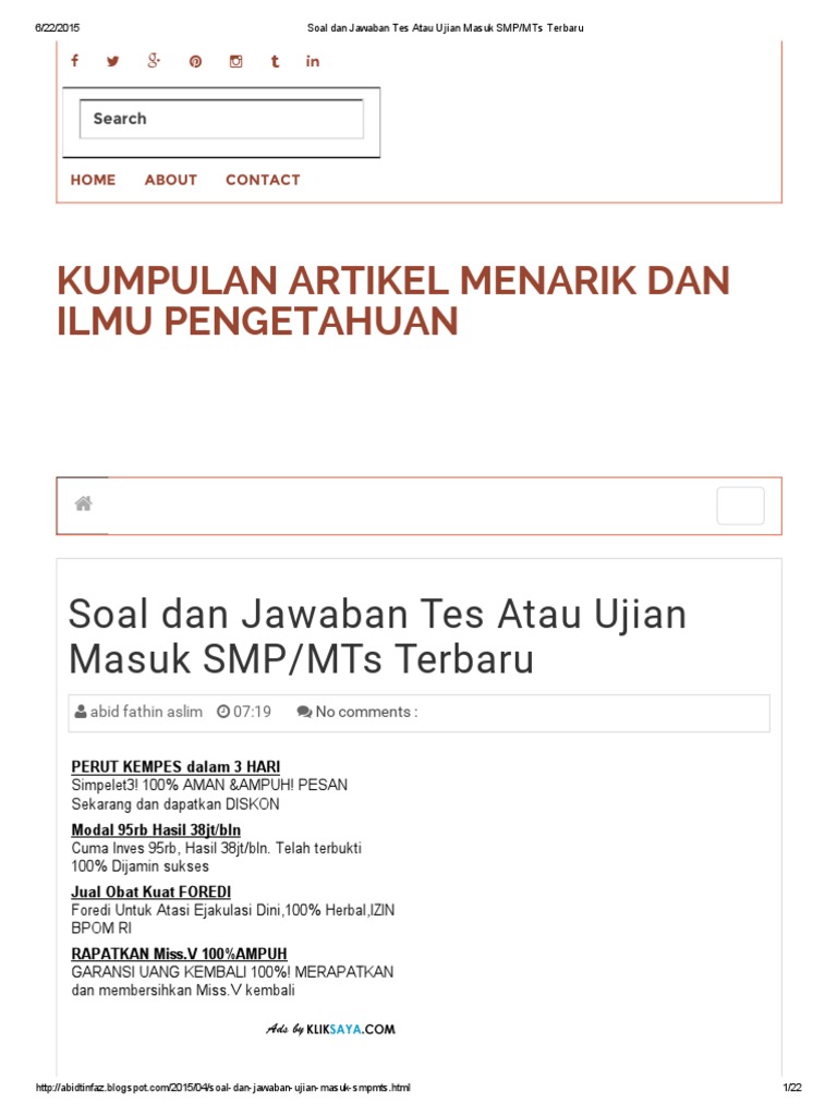 Soal Dan Jawaban Tes Atau Ujian Masuk SMP_MTs Terbaru