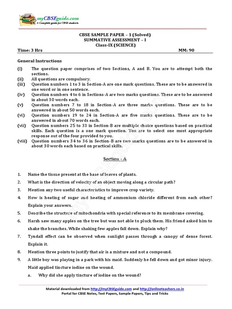 Class IX Science Sample Paper | PDF | Mass | Carbon