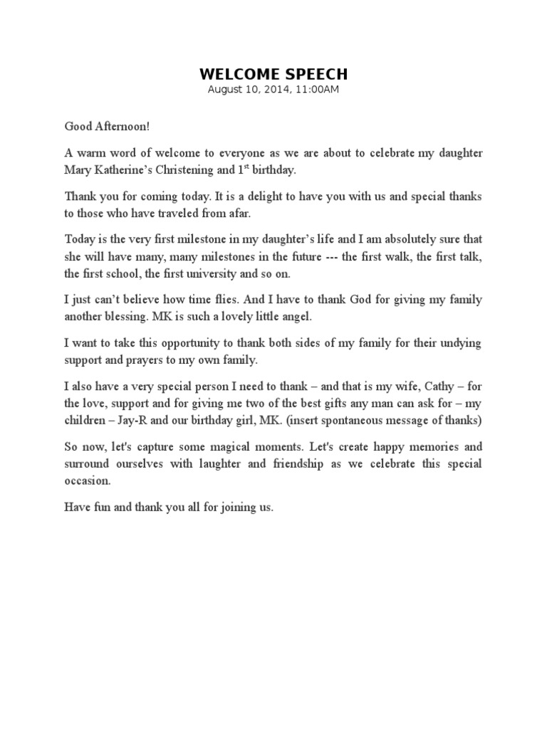 Birthday Party Welcome Speech Pdf
