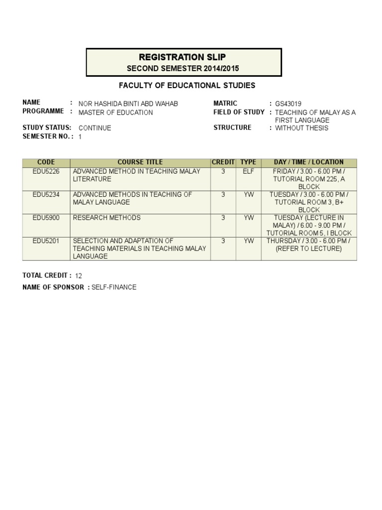 Registration Slip: SECOND SEMESTER 2014/2015 Faculty of Educational ...