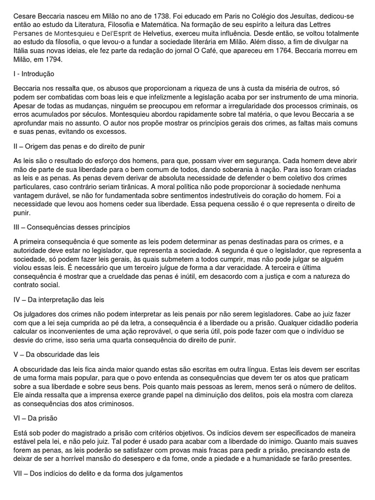 Resumo Do Livro Dos Delitos E Das Penas