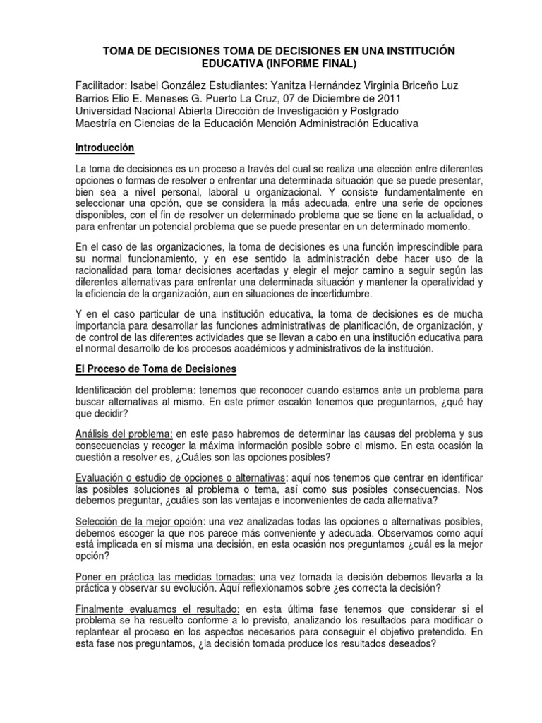 Toma de Decisiones Toma de Decisiones en Una Institución Educativa ...