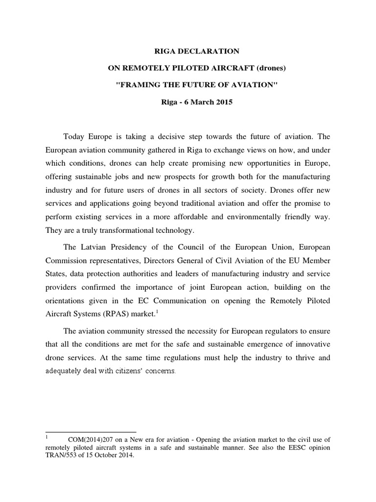 Riga Declaration On Remotely Piloted Aircraft (Drones) 
