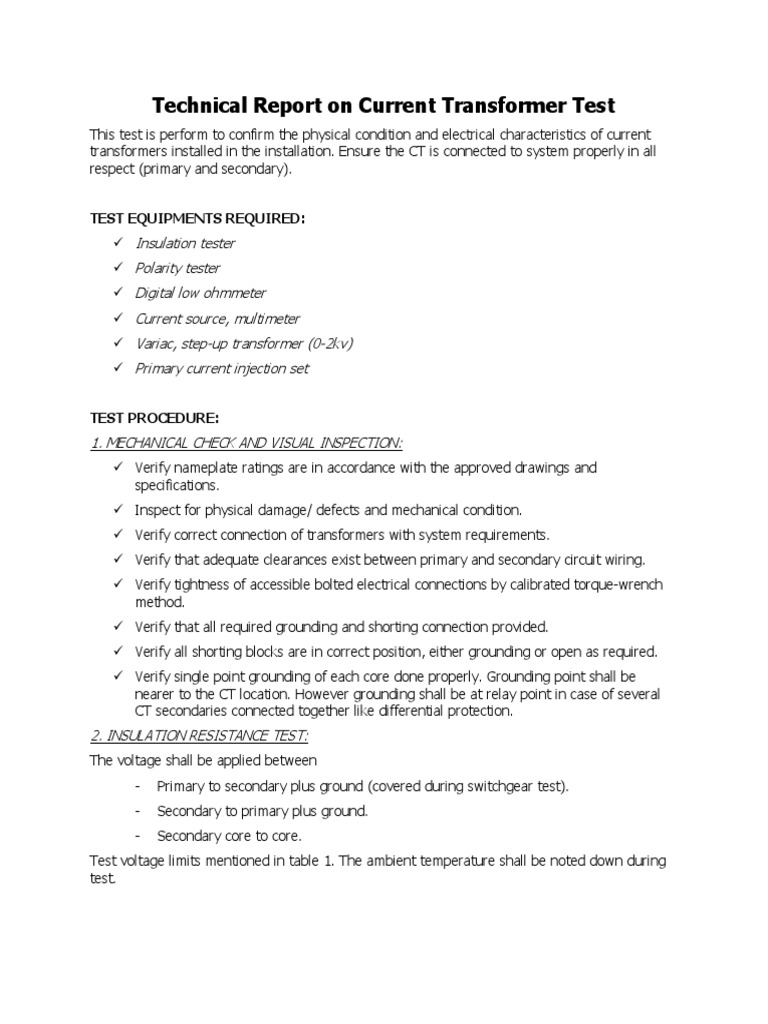Technical Report On Current Transformer Test PDF Transformer