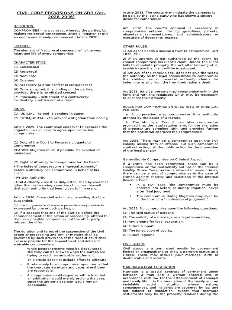 Civil Code Provisions On Adr Reviewer | PDF | Arbitration | Rescission