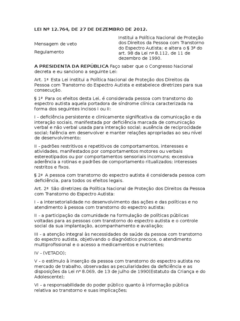 Lei 12 764 de 27 de dezembro de 2012 pdf autismo espectro do