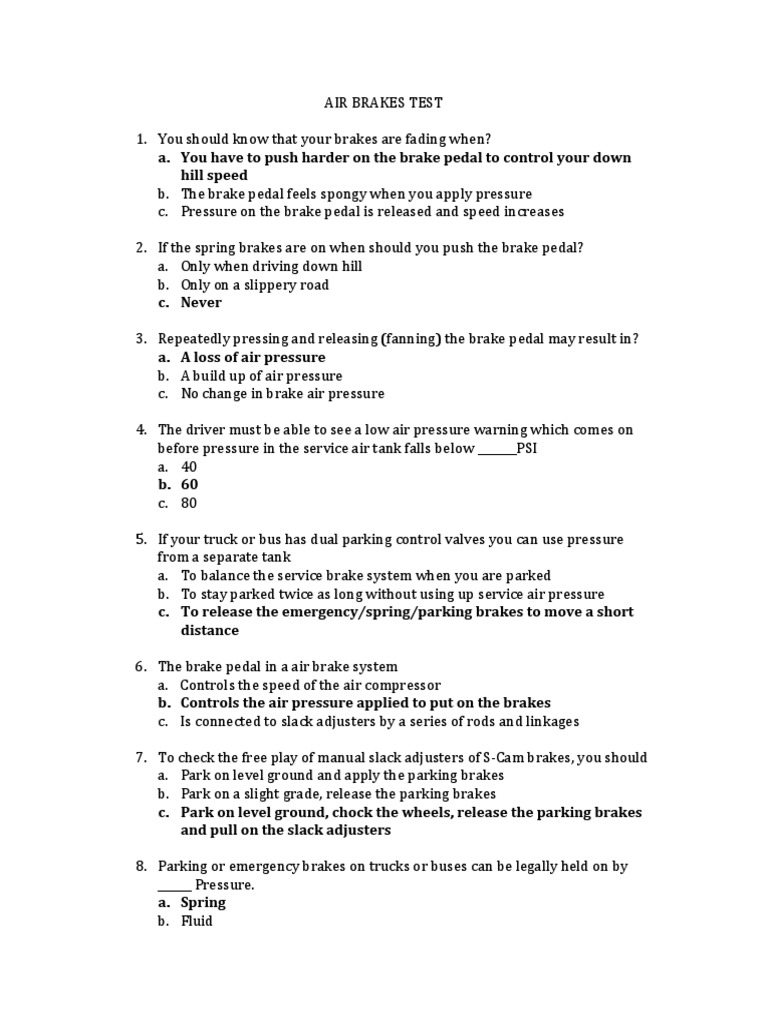 Air Brakes Test Pdf Brake Vehicles