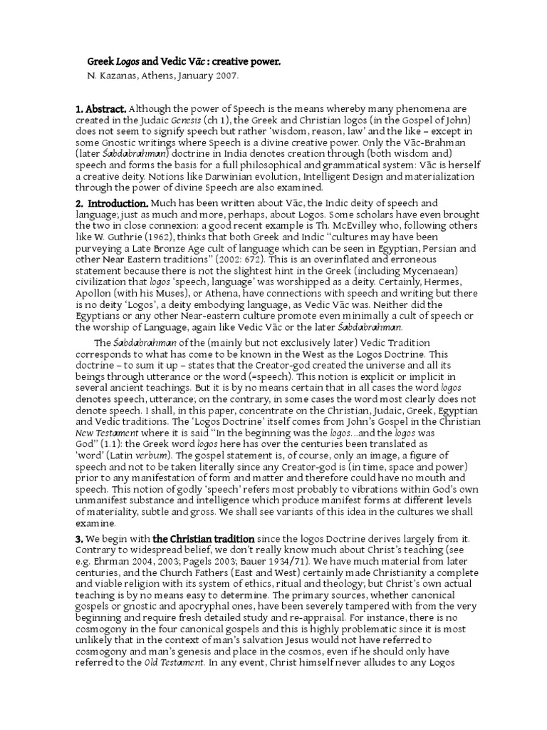 Greek Logos and Vedic Vac PDF Gospel Of John Logos