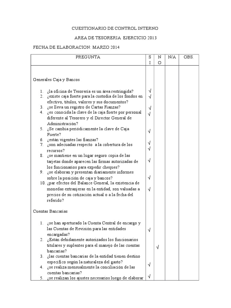 Cuestionario de Control Interno 2013 | PDF | Cheque | Bancos