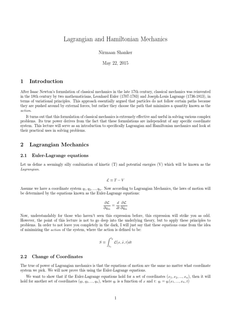 Lagrangian and Hamiltonian Mechanics Overview | PDF | Lagrangian ...