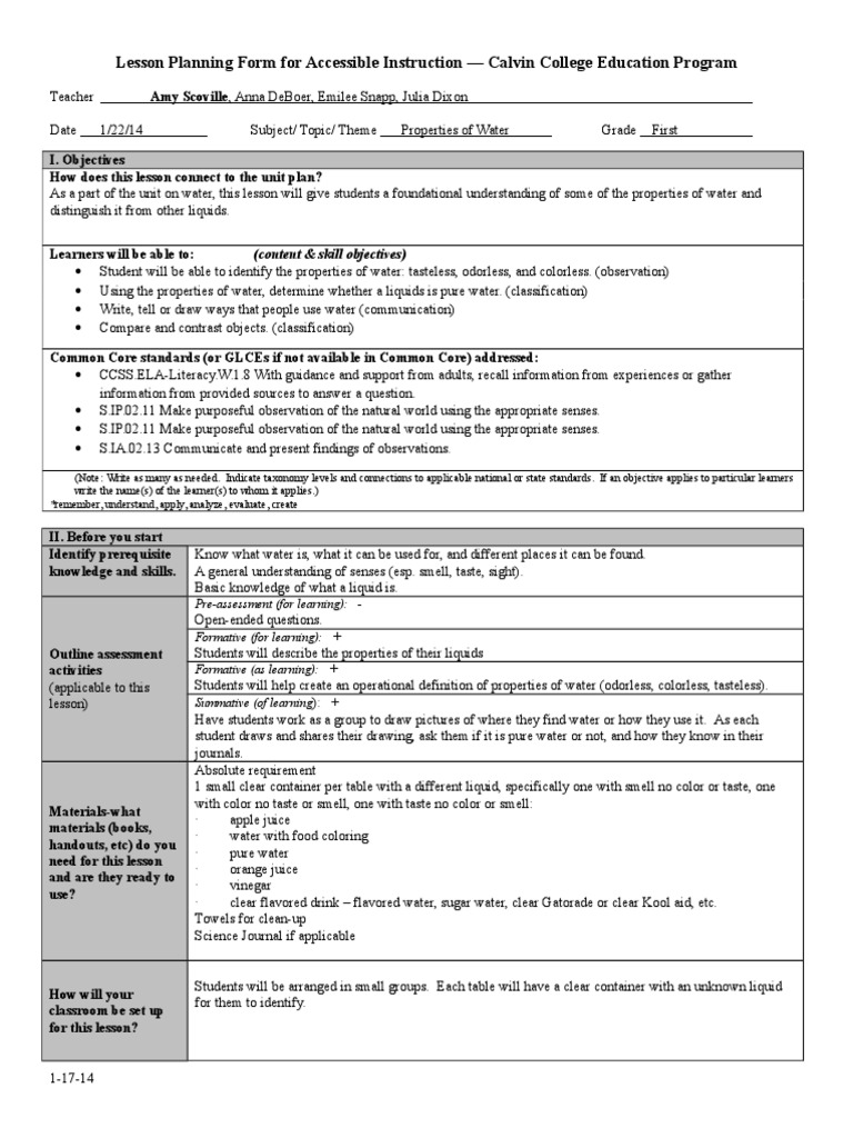 Properties Of Water Lesson Plan 1 Epistemology Cognition