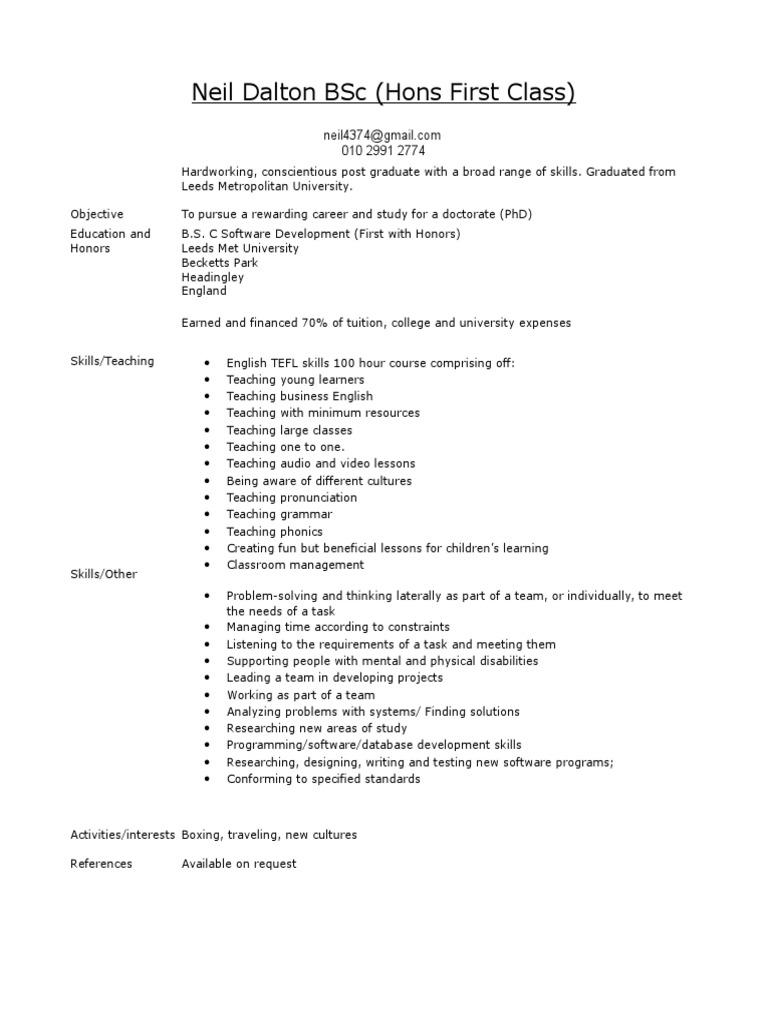 Neil Dalton: BSc (Hons First Class) CV | PDF