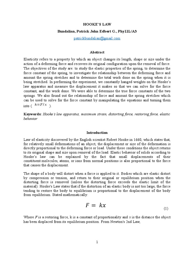 E205 Hooke's Law PDF Elasticity (Physics) Deformation (Mechanics)