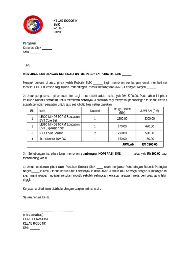 Surat Mohon Sumbangan Kelab Robotik